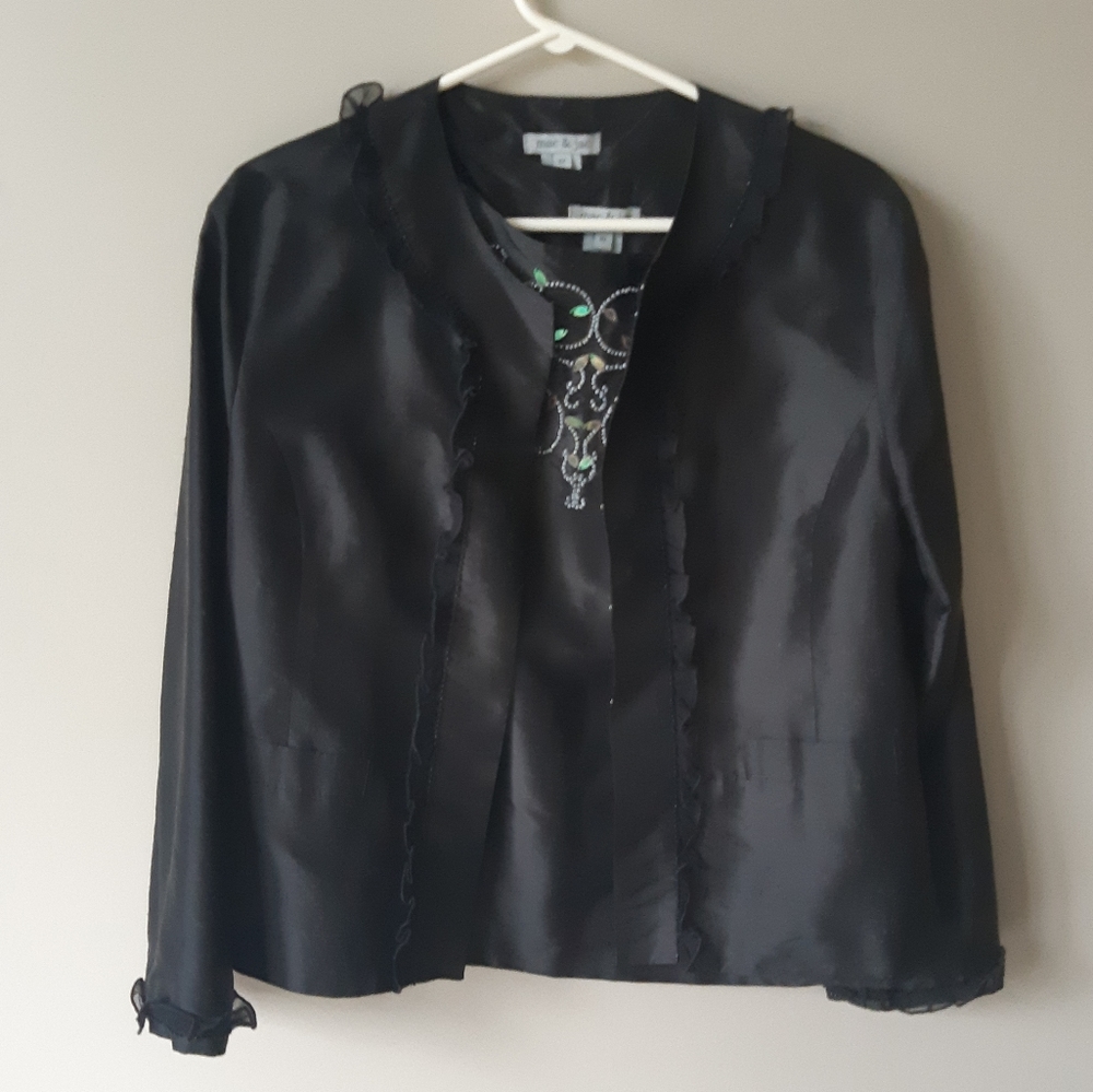 Mac + Jac black silk beaded top × jacket set. Sz 12 blazer Sz 10 sleeveless top